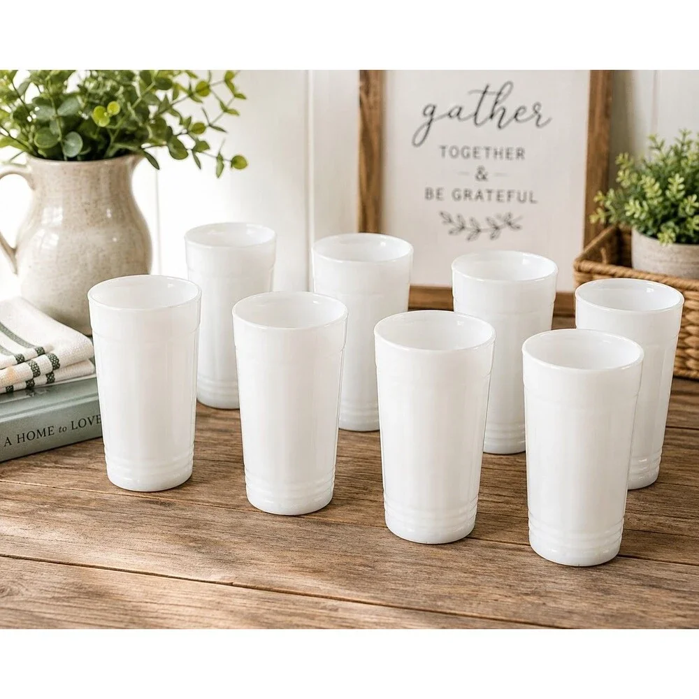 Set of 8 White Milk Glass Tumblers Ribbed Drinking Glasses Vintage Style